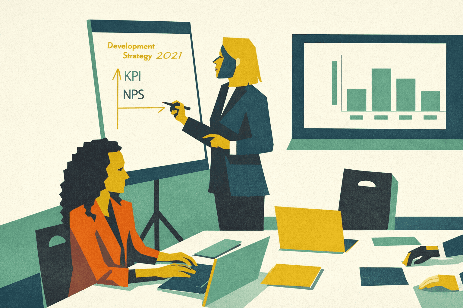 Riunione di lavoro con analisi di KPI e performance, momento di riflessione strategica su obiettivi e direzione professionale in uno scenario in cambiamento