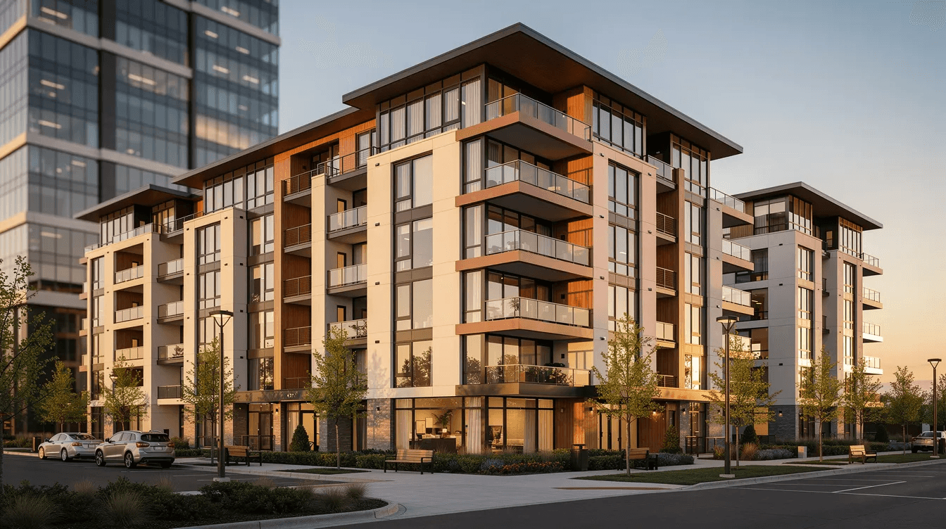 The image shows a wide shot of a modern multifamily apartment complex bathed in the warm light of golden hour, with commercial buildings in the background, highlighting the growing landscape of real estate investments. This scene reflects the potential for tax savings and improved cash flow for property owners and real estate investors through effective cost segregation services.