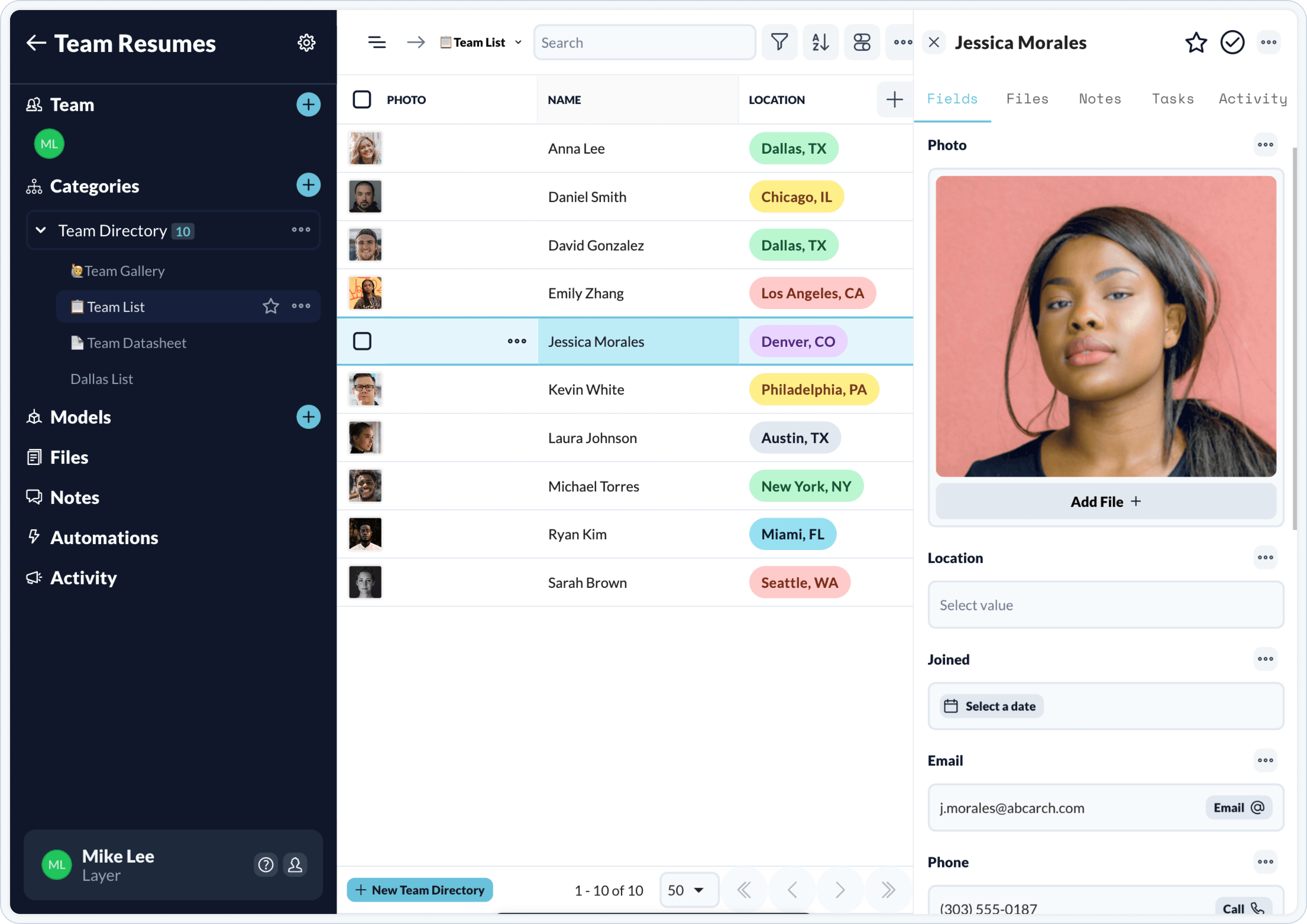 Layer Team Resumes Template Tabular View