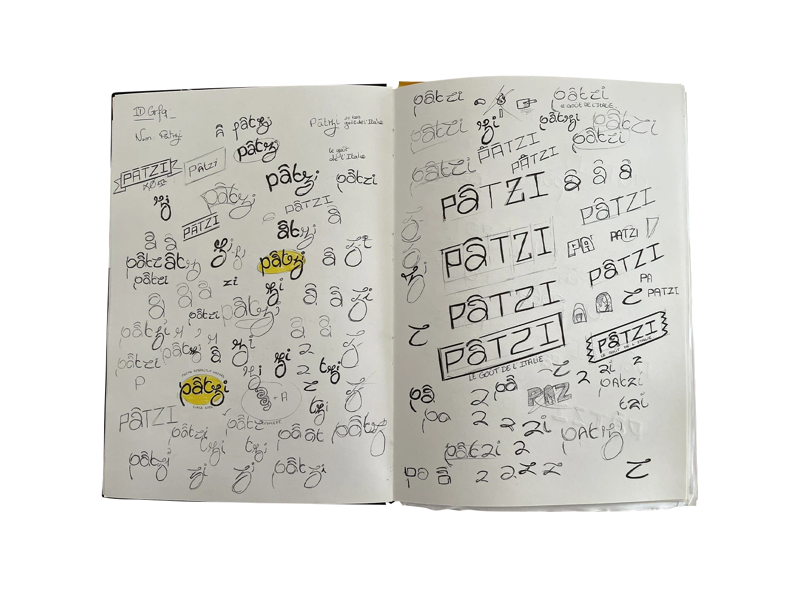 Photographie d'une table de cours avec dessus diverses feuilles papier de recherche comprenant des schémats, dessins, notes, ... Un ordinateur est également présent sur la table. Ce dernier semble être à l'équilibre par-dessus une pile de dossier.
