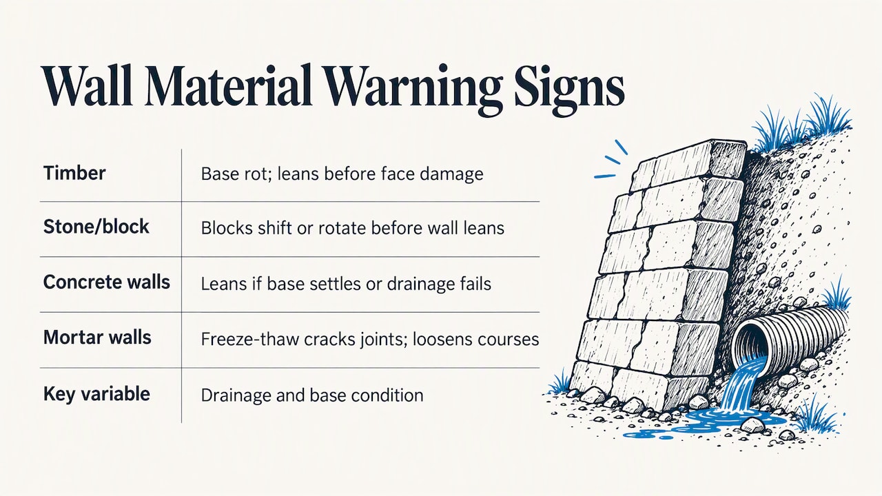 Table of retaining wall materials and their warning signs: timber base rot, block shifting, concrete settlement, mortar frost cracking