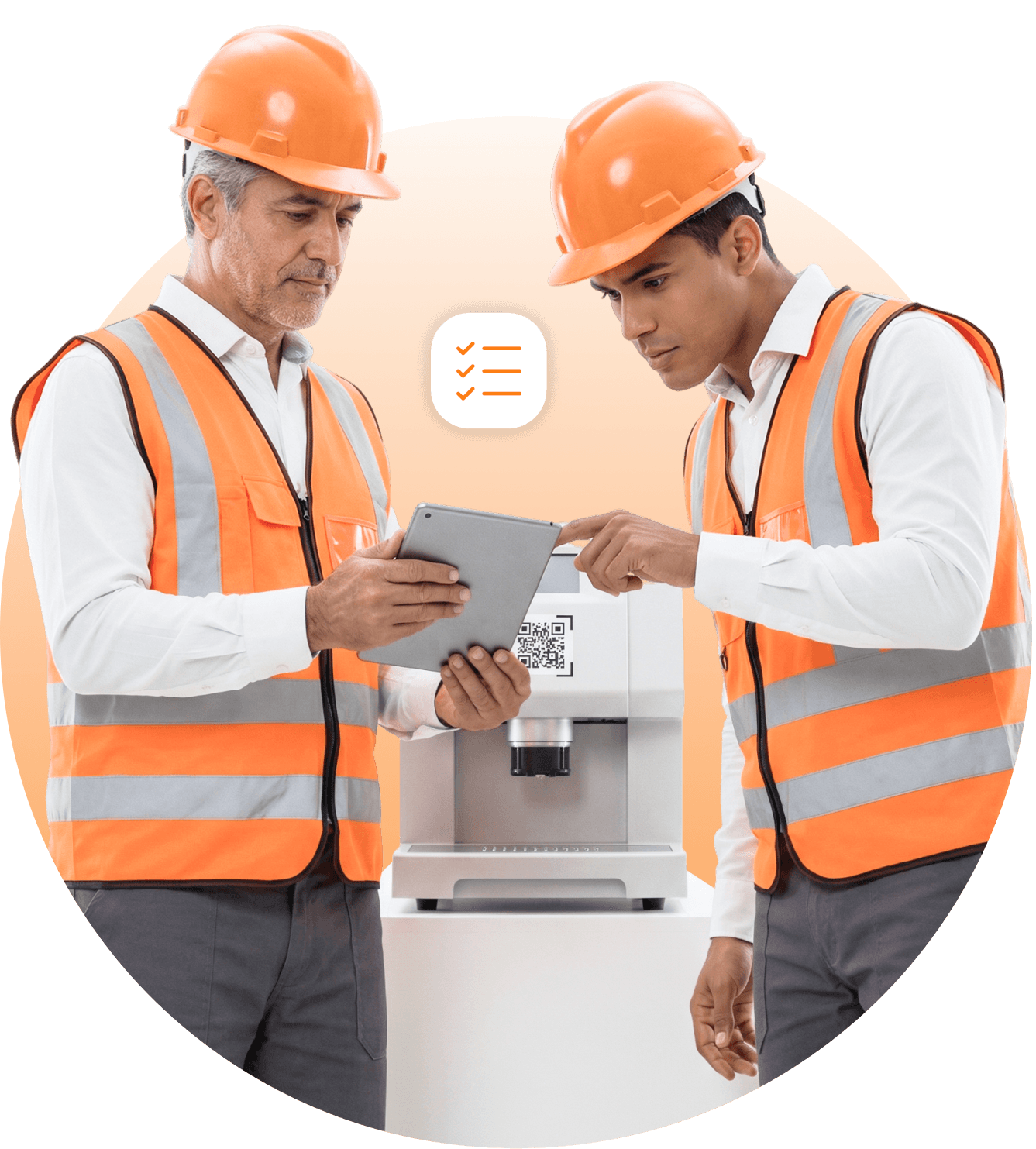 Trabalhador com capacete de segurança, mexendo no telefone, com símbolos do sistema Geequip ao redor