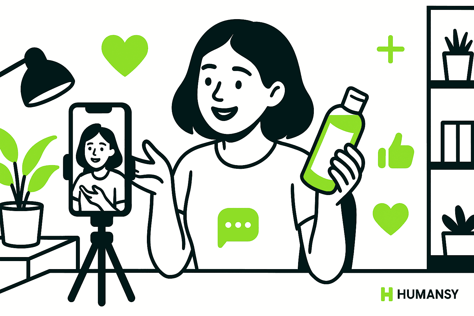 An influencer records a video and holds a green drink, smiling, with plants and shelves in the background in a cozy home interior.