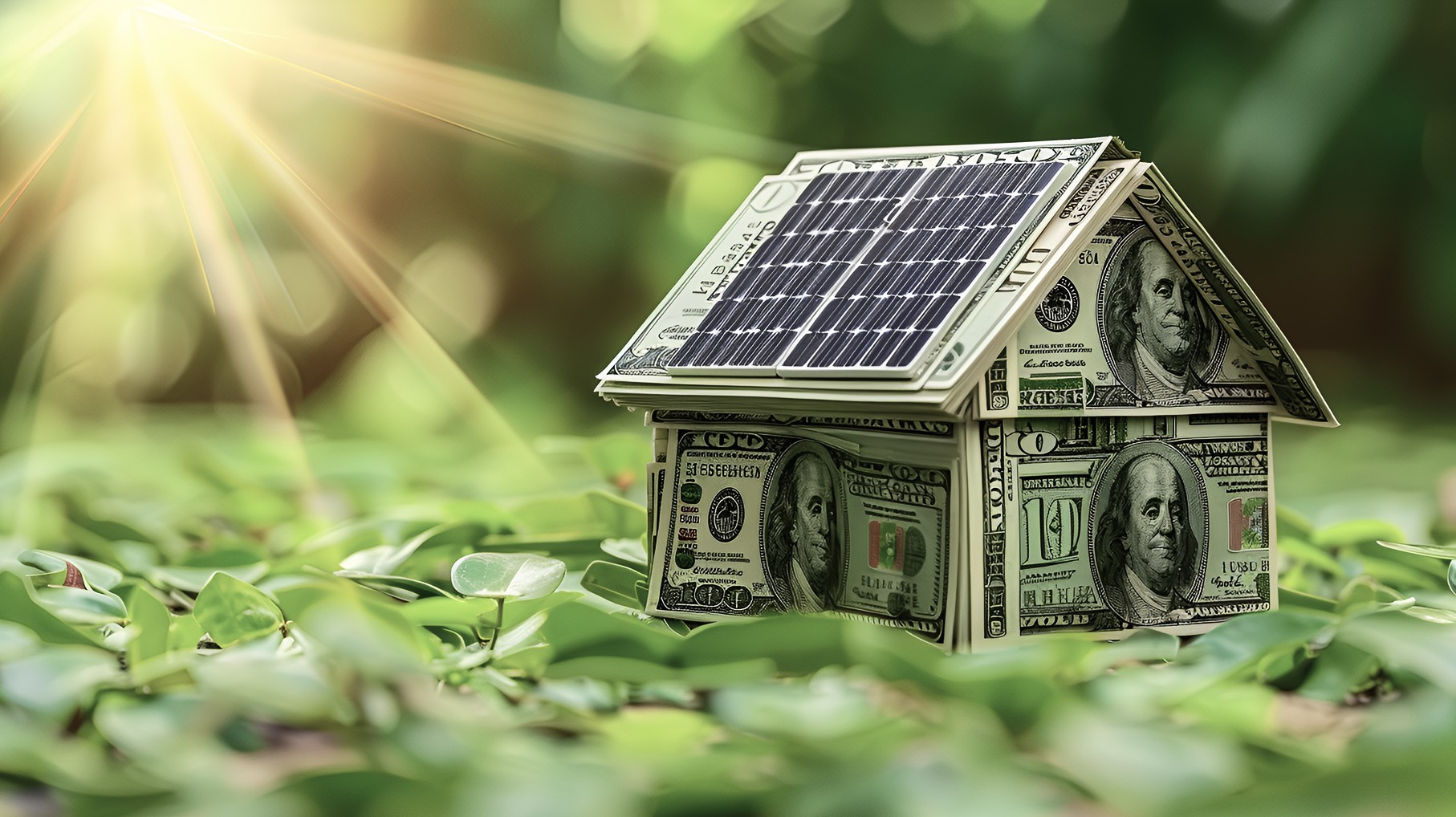 Cash house with solar roof in sunlit nature.