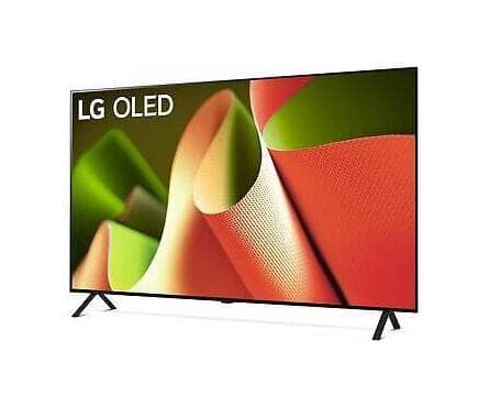 Produktbillede af LG B4 OLED TV med sort front og klassisk design, stående mod hvid baggrund.