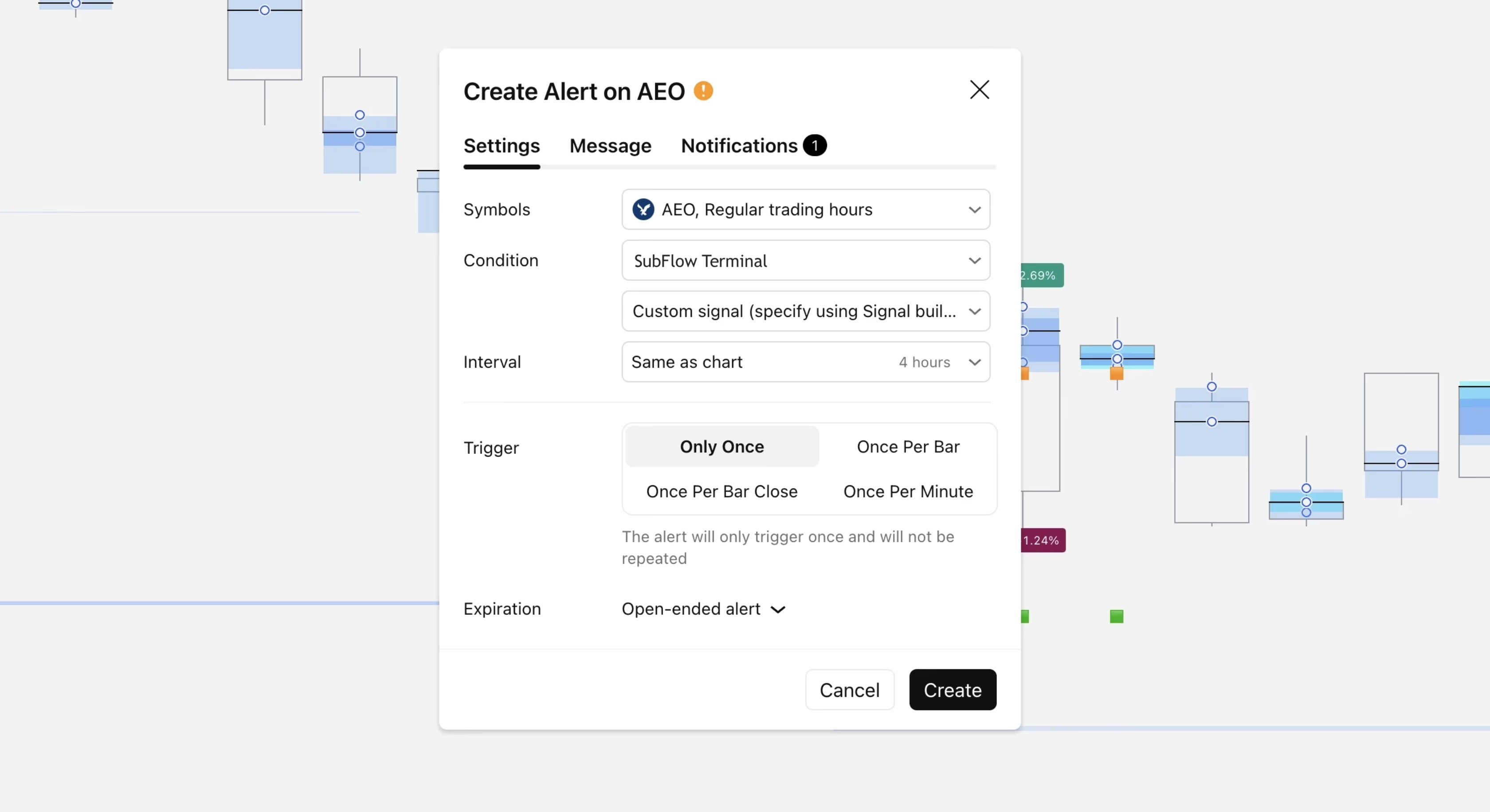 Illustration showing how to create alerts on SubFlow Terminal.