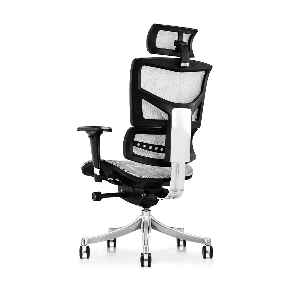 Modern black mesh executive chair with silver aluminum base and headrest.