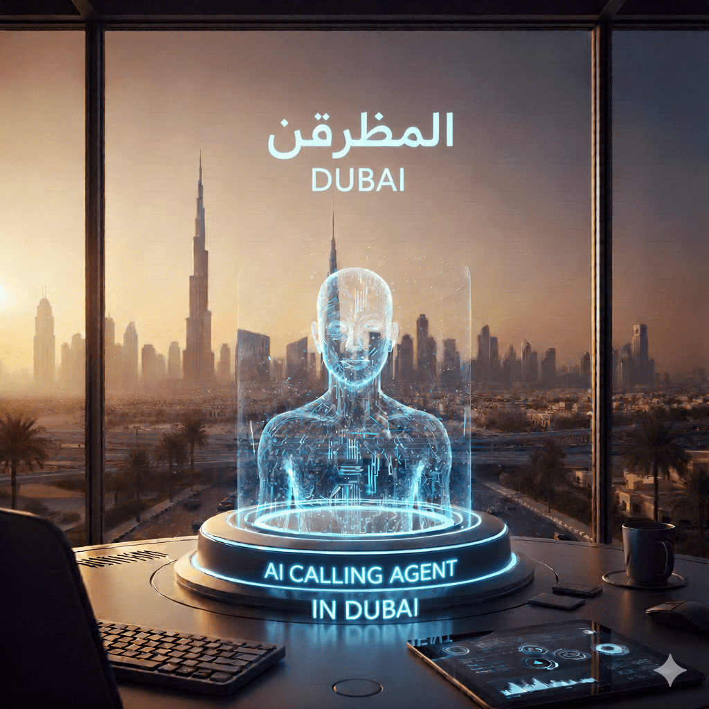 AI Calling Agent in Dubai displayed as a futuristic hologram inside an office overlooking the Dubai skyline and Burj Khalifa.