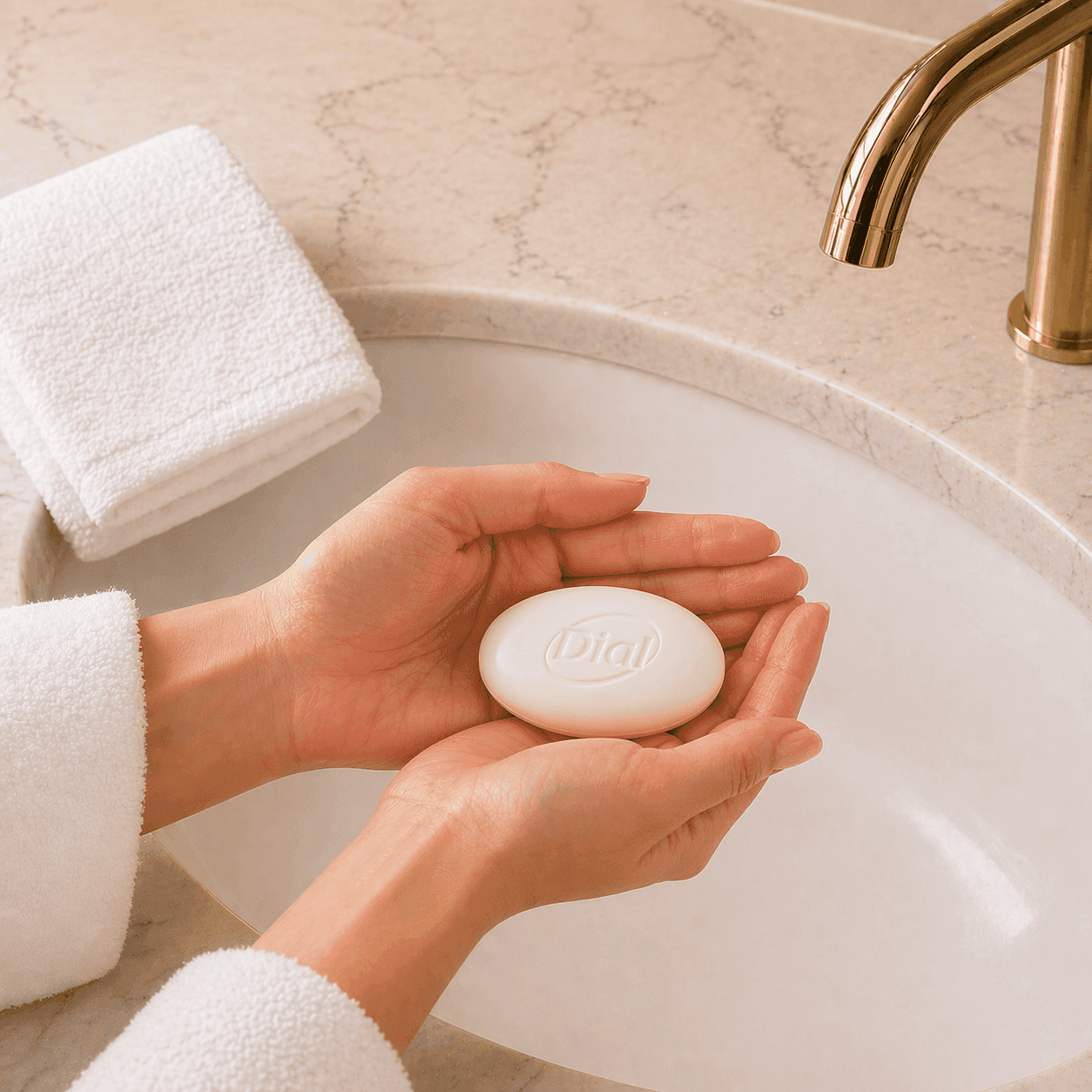 White oval soap bar held in a woman’s hands over a hotel sink with a light marble countertop and gold faucet, soft lighting and clean minimalist style.