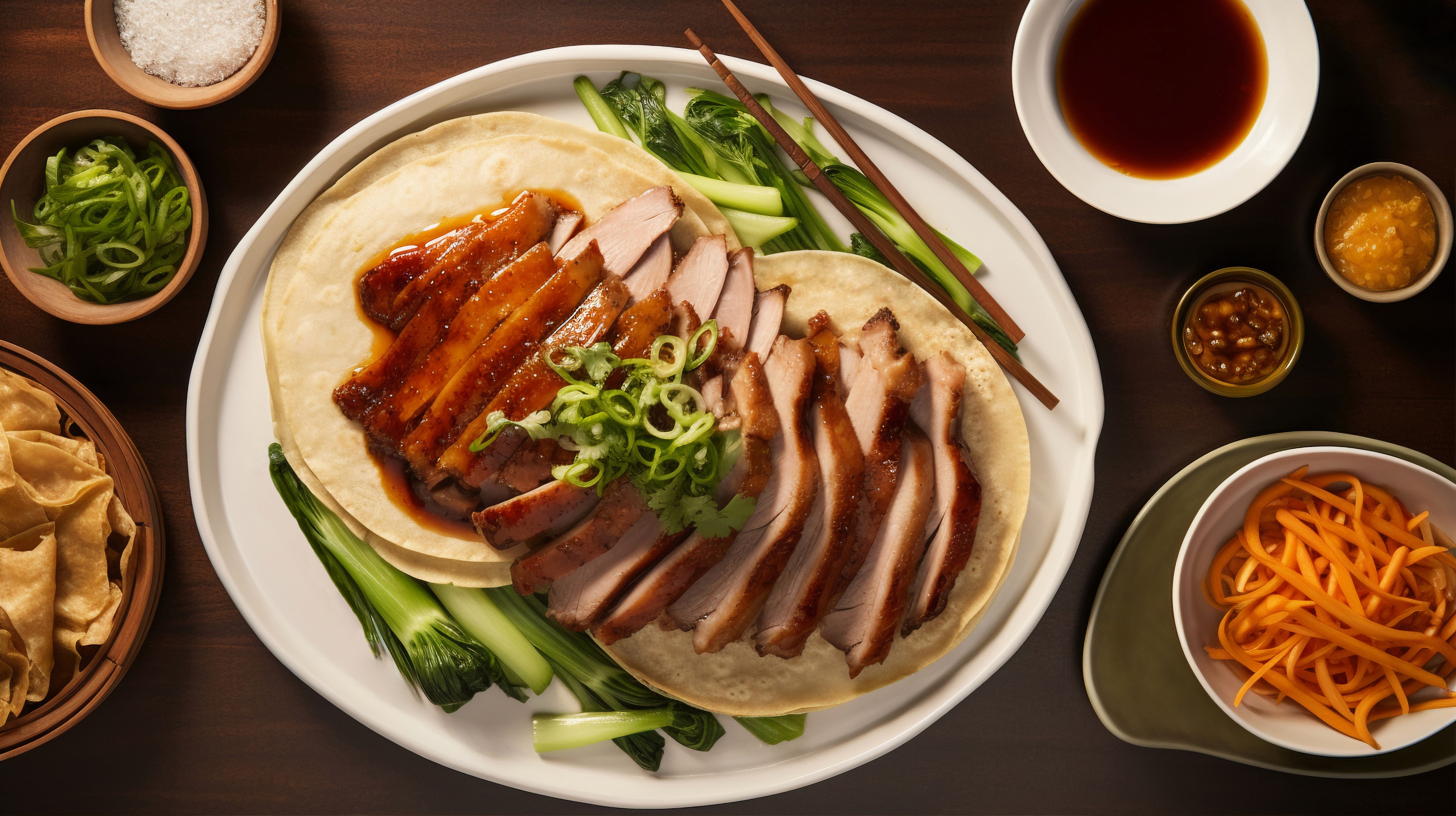 An overhead shot of a large oval plate featuring sliced, roasted duck, half glazed with a sauce, served over two thin pancakes and alongside steamed bok choy, surrounded by small bowls of condiments like scallions, sauce, salt, and carrot shreds.
