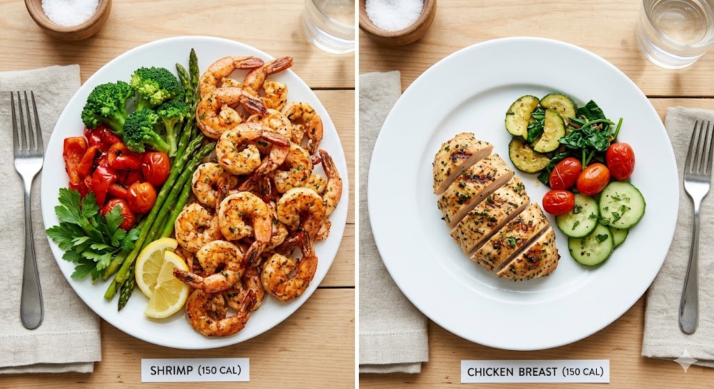 A side-by-side comparison of two 150-calorie meals on separate white plates. The top plate shows a large serving of grilled shrimp with broccoli, asparagus, and red peppers. The bottom plate shows a single grilled chicken breast with zucchini and cucumbers. Both meals include fresh herbs and are shown on a light wooden table.