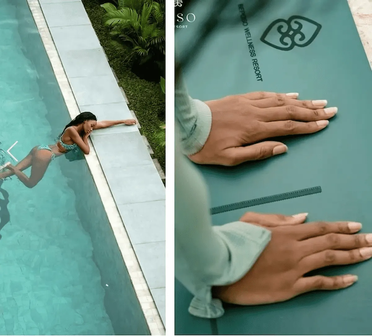 A guest practices yoga by a serene pool.