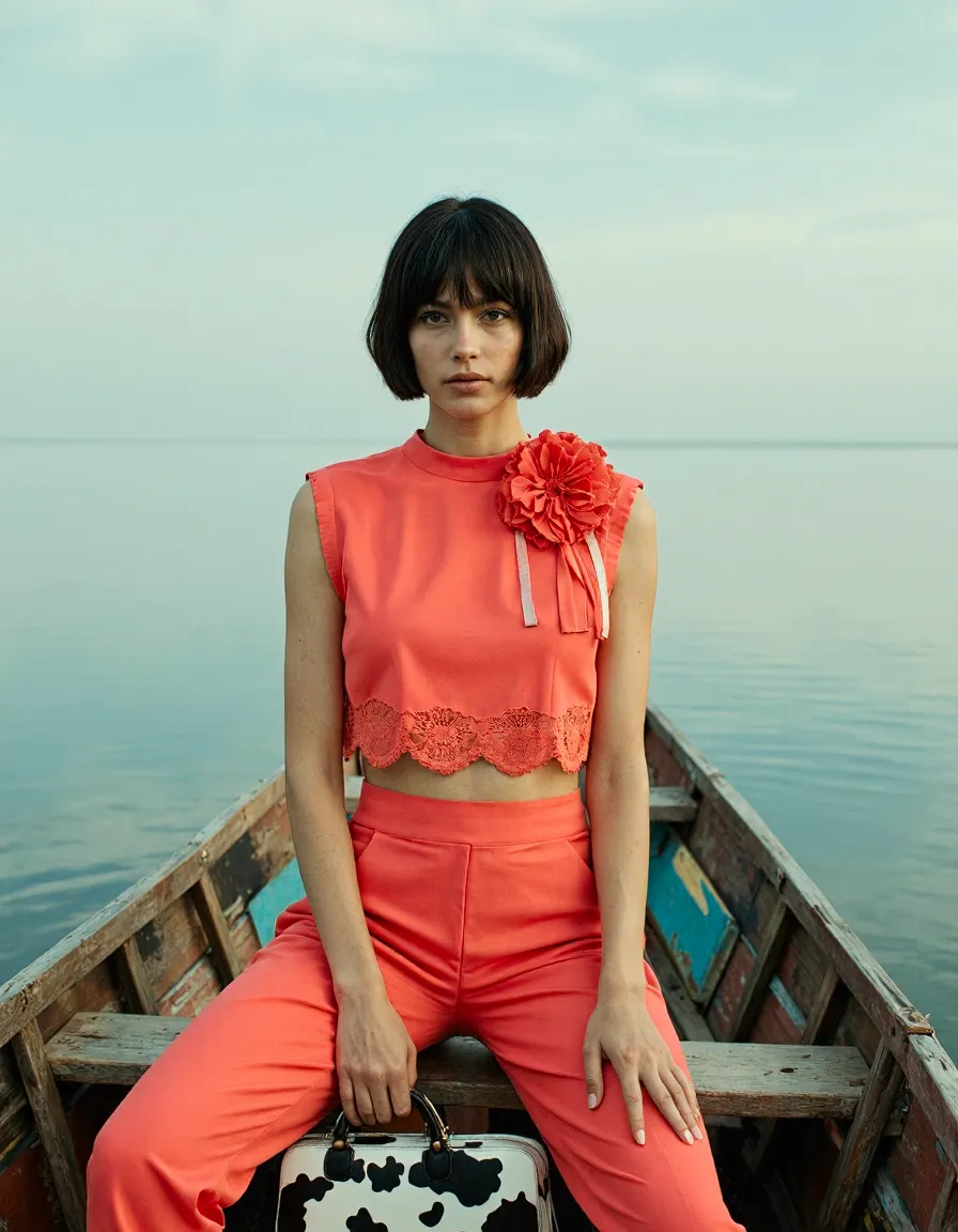 Woman in coral outfit with bob haircut sitting in wooden boat on calm water, editorial fashion portrait style