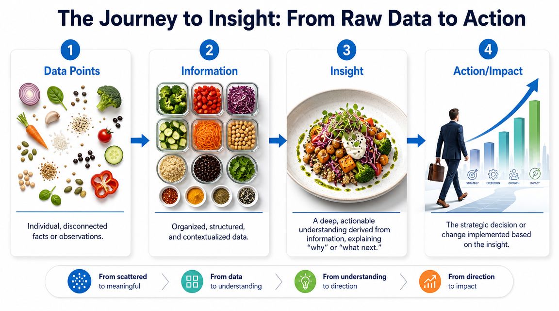 A four-step infographic illustrating the progression from raw data points to meaningful insights and final business impact.