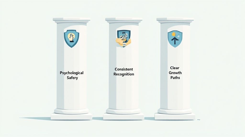 Three white pillars representing psychological safety, consistent recognition, and clear growth paths for a company culture.