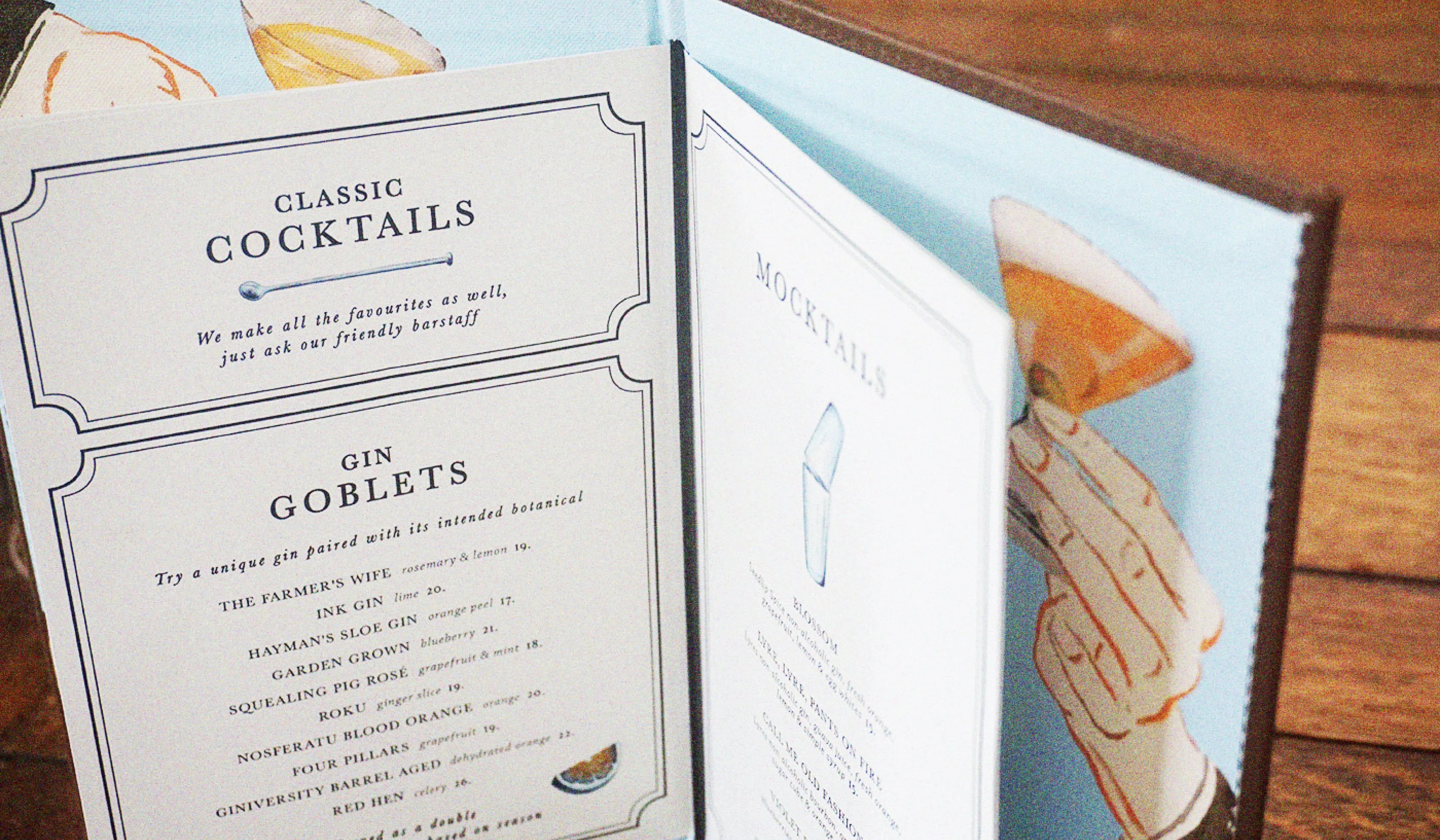 Small Bar menu design showing the Classic Cocktails and Mocktails sections