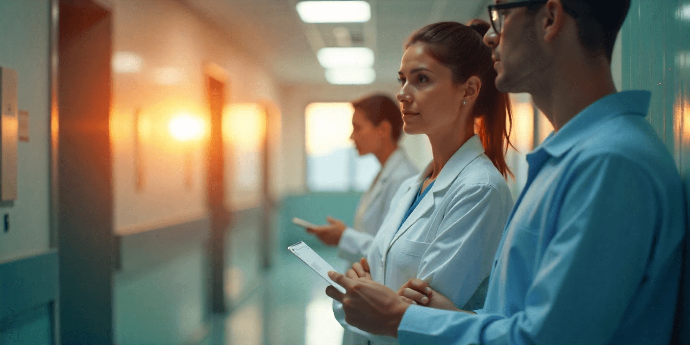 Una imagen profesional y moderna que represente a un equipo de gestión hospitalaria dos o tres personas Al fondo, un entorno de hospital luminoso y contemporáneo. En pantalla visible de forma simbólica, iconos o gráficos que representen turnos cubiertos, perfiles verificados, contratación rápida, etc. Debe transmitir tecnología, confianza, eficiencia y solución a problemas de personal sanitario. Estilo realista, limpio, con iluminación suave. Formato horizontal, ideal para web corporativa o blog profesional.