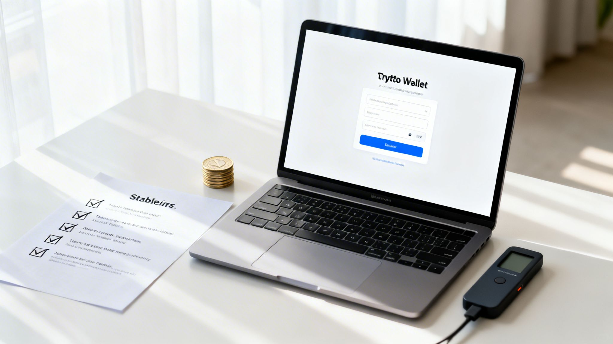 A laptop displays a crypto wallet login, alongside stablecoin stack, a document, and a hardware wallet on a desk.
