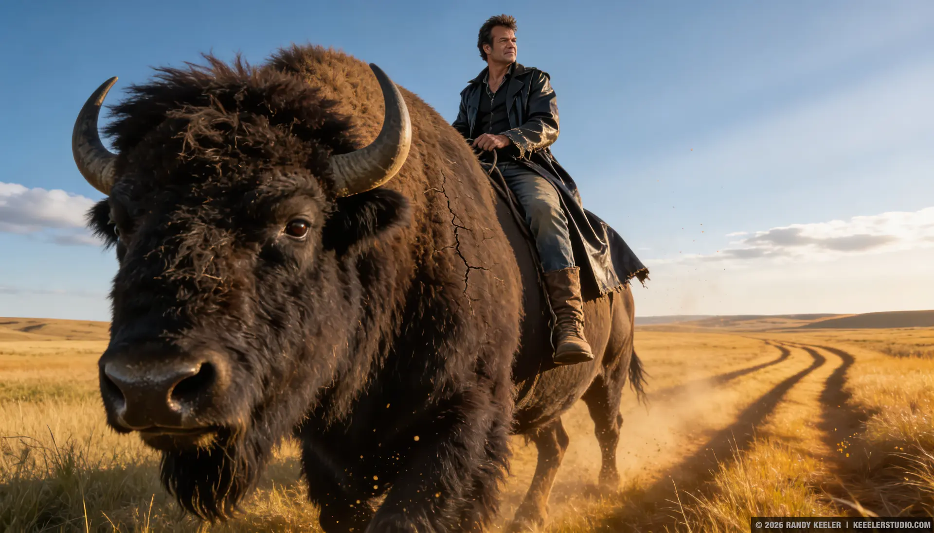 Randy Keeler riding on a buffalo