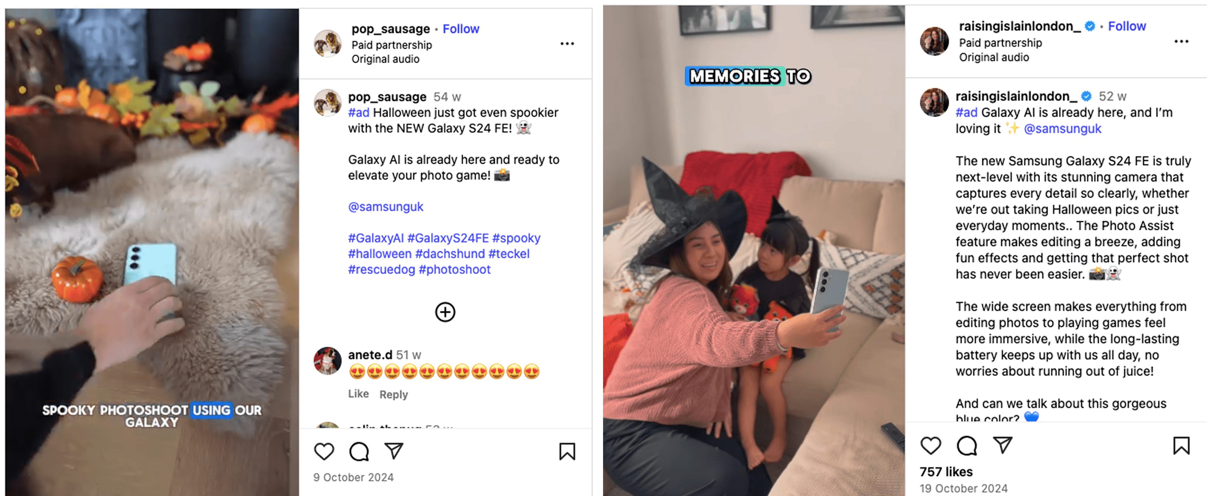 Influencers @pop_sausage and @raisingislaelyse partnerin with Samsung for halloween