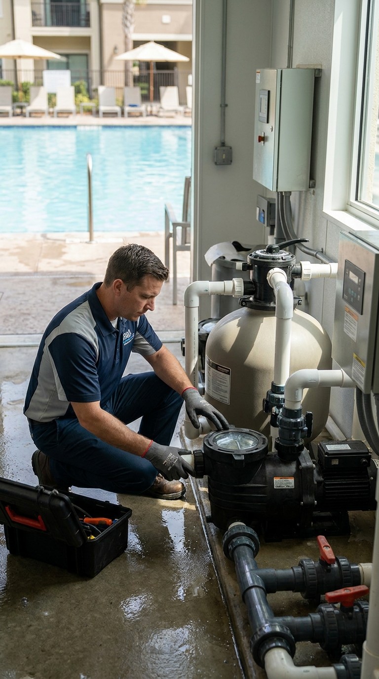 Technician repairing a commercial pool pump motor