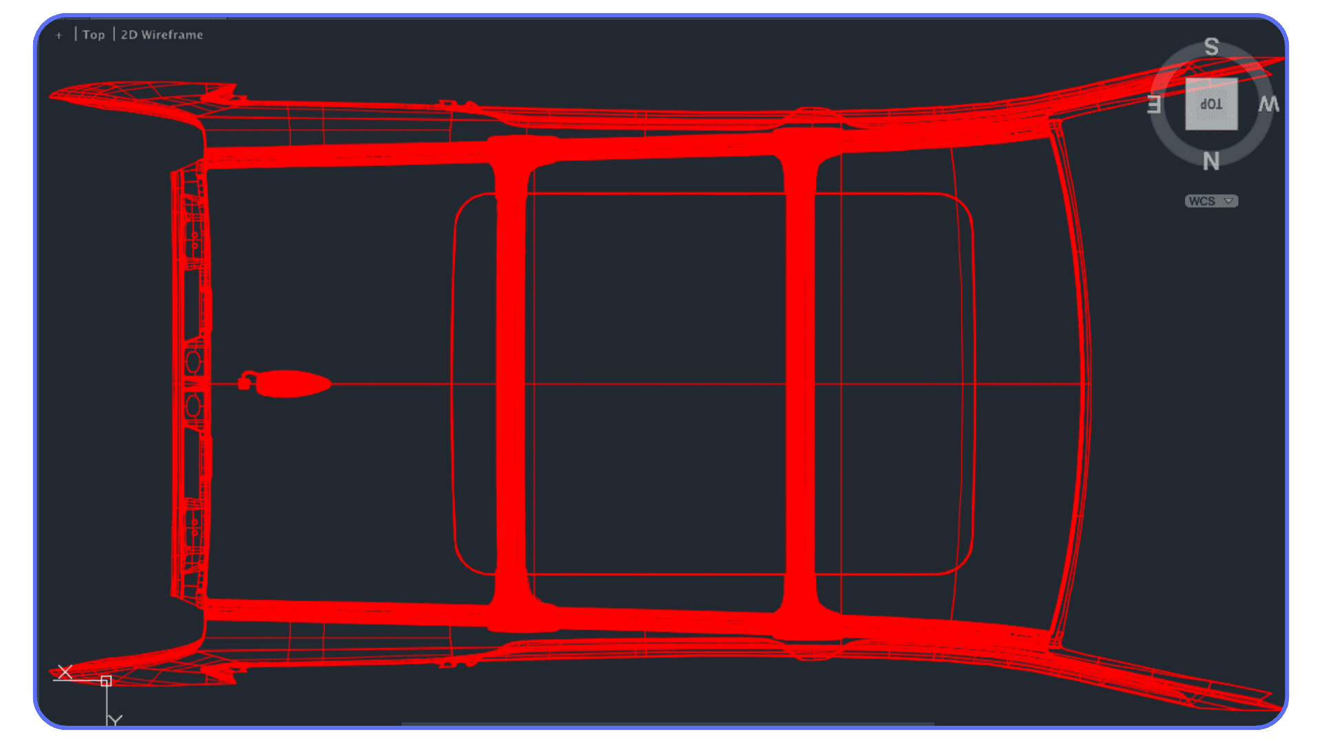 AutoCAD 2D wireframe model of a vehicle viewed from the top, demonstrating optimized viewport rendering.