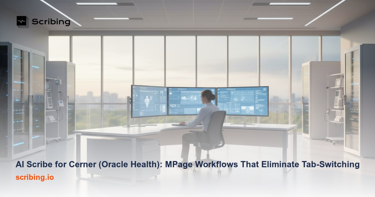 Corporate illustration representing AI scribe technology integrated with Epic EHR clinical documentation workflow