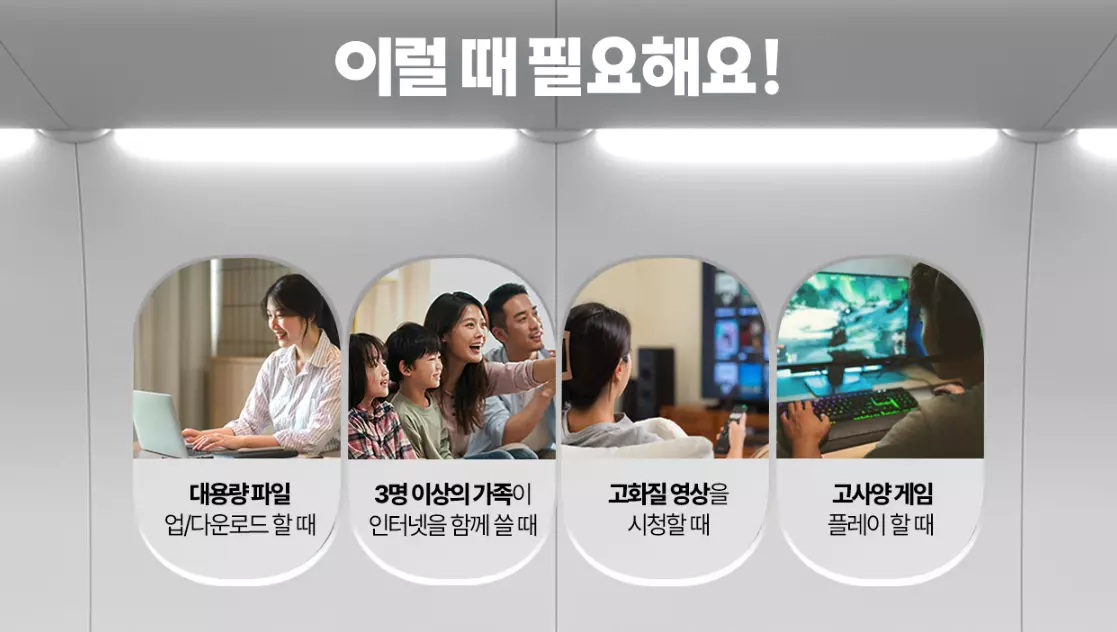 대용량 파일 업로드와 다운로드, 3명 이상 가족 동시 접속, 고화질 영상 시청과 고사양 게임 플레이가 많은 이용자를 위한 기가 인터넷 추천 대상 안내 이미지