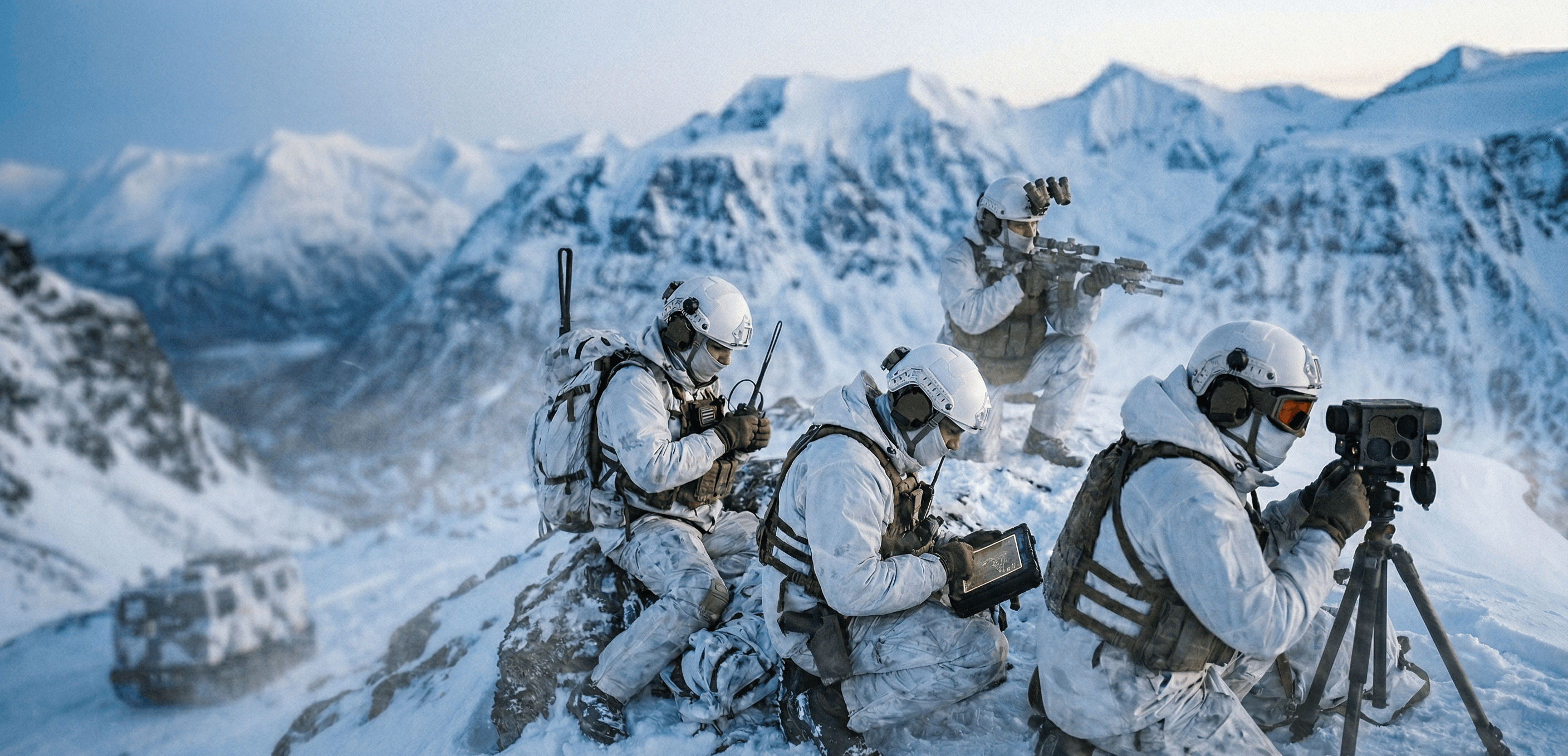 Arctic Spec ops team on ridge with comms equipment