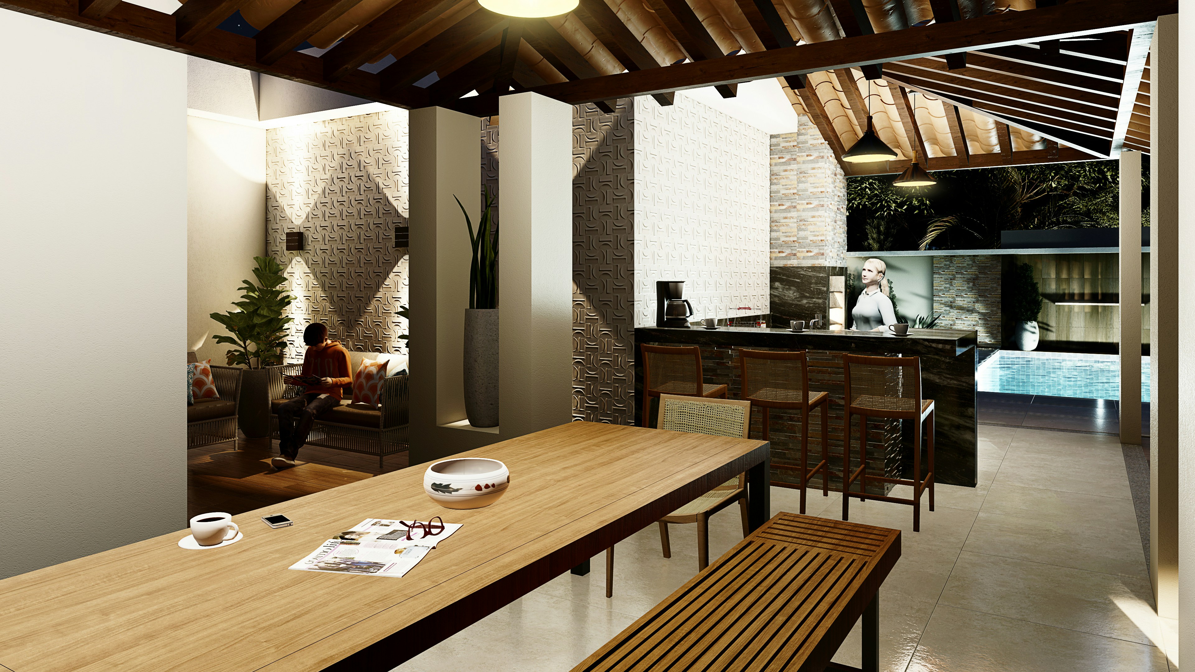 Interior architectural render of a modern kitchen and dining area with warm lighting