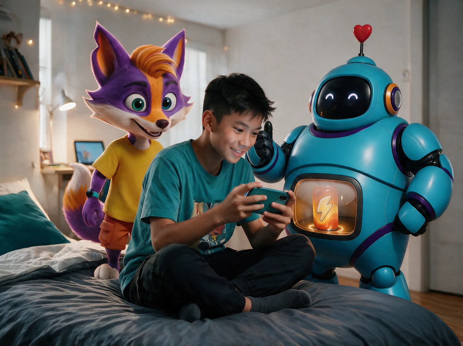 David is at home on his bed playing a quiz on his phone, with Foxino and Rob the robot standing next to him
