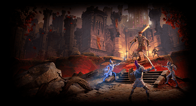 adventurer looks through archway at dragon