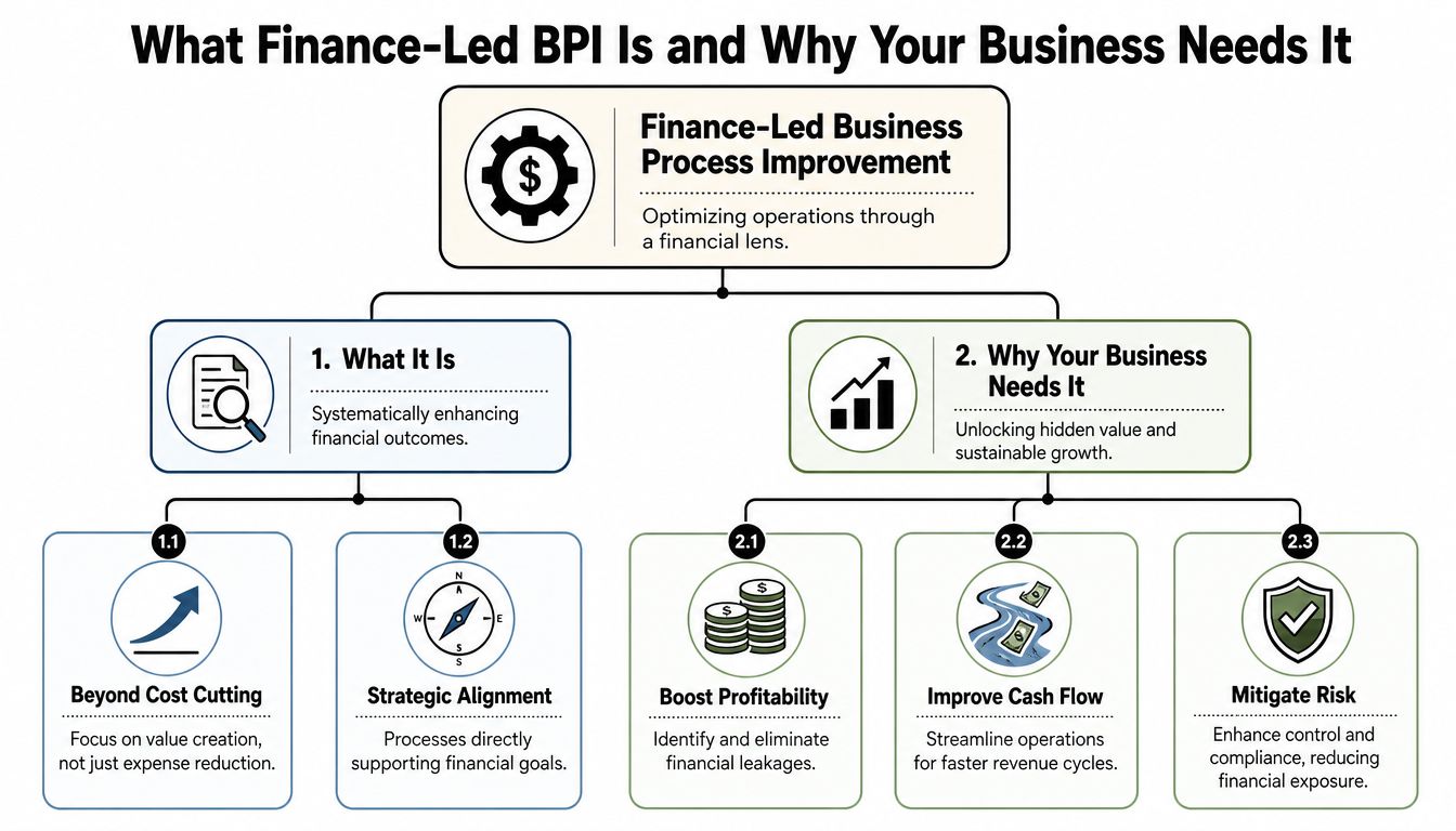 An infographic titled What Finance-Led BPI Is and Why Your Business Needs It, outlining BPI concepts and benefits.