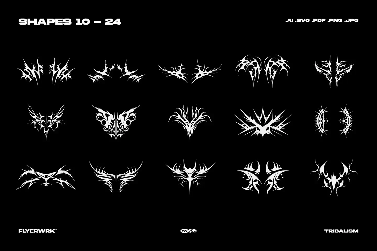 Tribalism vector shapes set preview featuring gothic tribal logo style elements