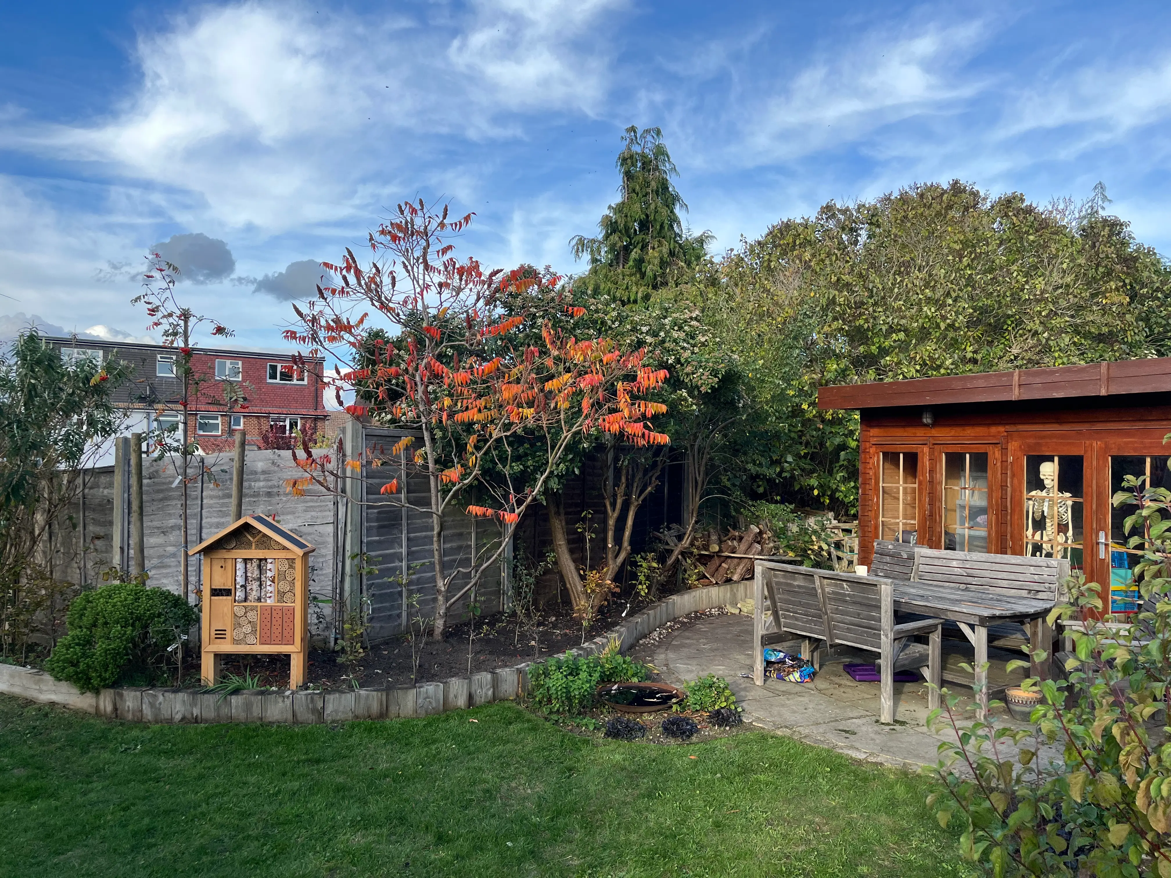 A tranquil outdoor scene featuring wooden buildings surrounded by trees and a blue sky.