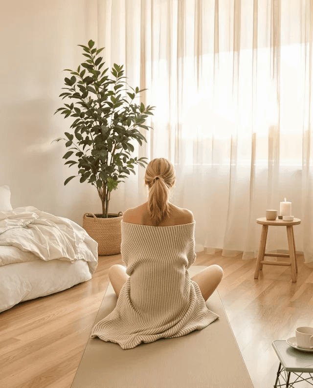 Rear view of a woman in a knit sweater sitting calmly on a round floor mat.