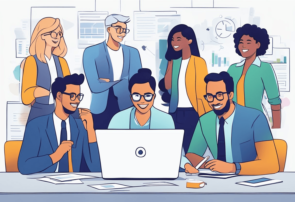 A group of diverse professionals collaborating, sharing ideas, and working together to attract and retain top talent. The energy and enthusiasm are palpable as they focus on employee engagement in the recruitment process