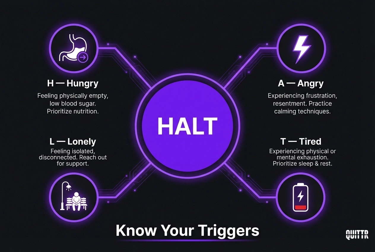 HALT trigger awareness framework showing four common relapse triggers: Hungry, Angry, Lonely, and Tired