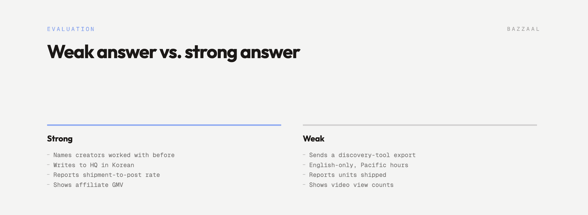 Strong versus weak agency answers across creator relationships, language, reporting and GMV