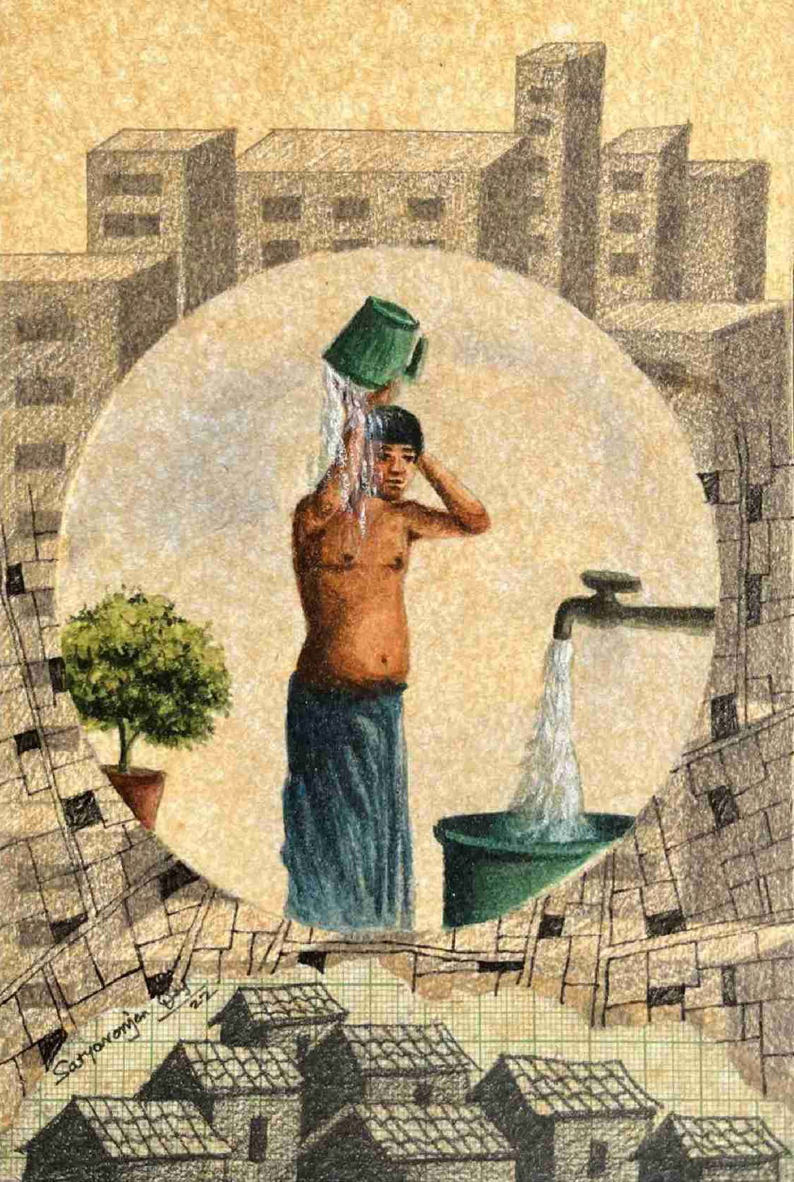 herd of sheep on road painting