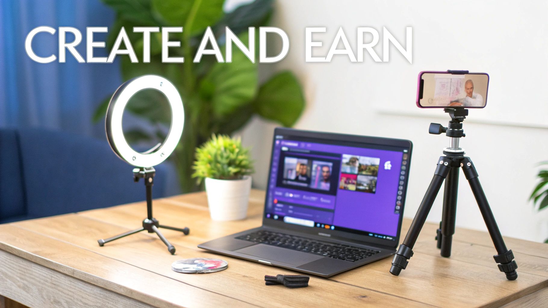 A content creation setup with a ring light, laptop, and smartphone on tripods, showing 'CREATE AND EARN'.