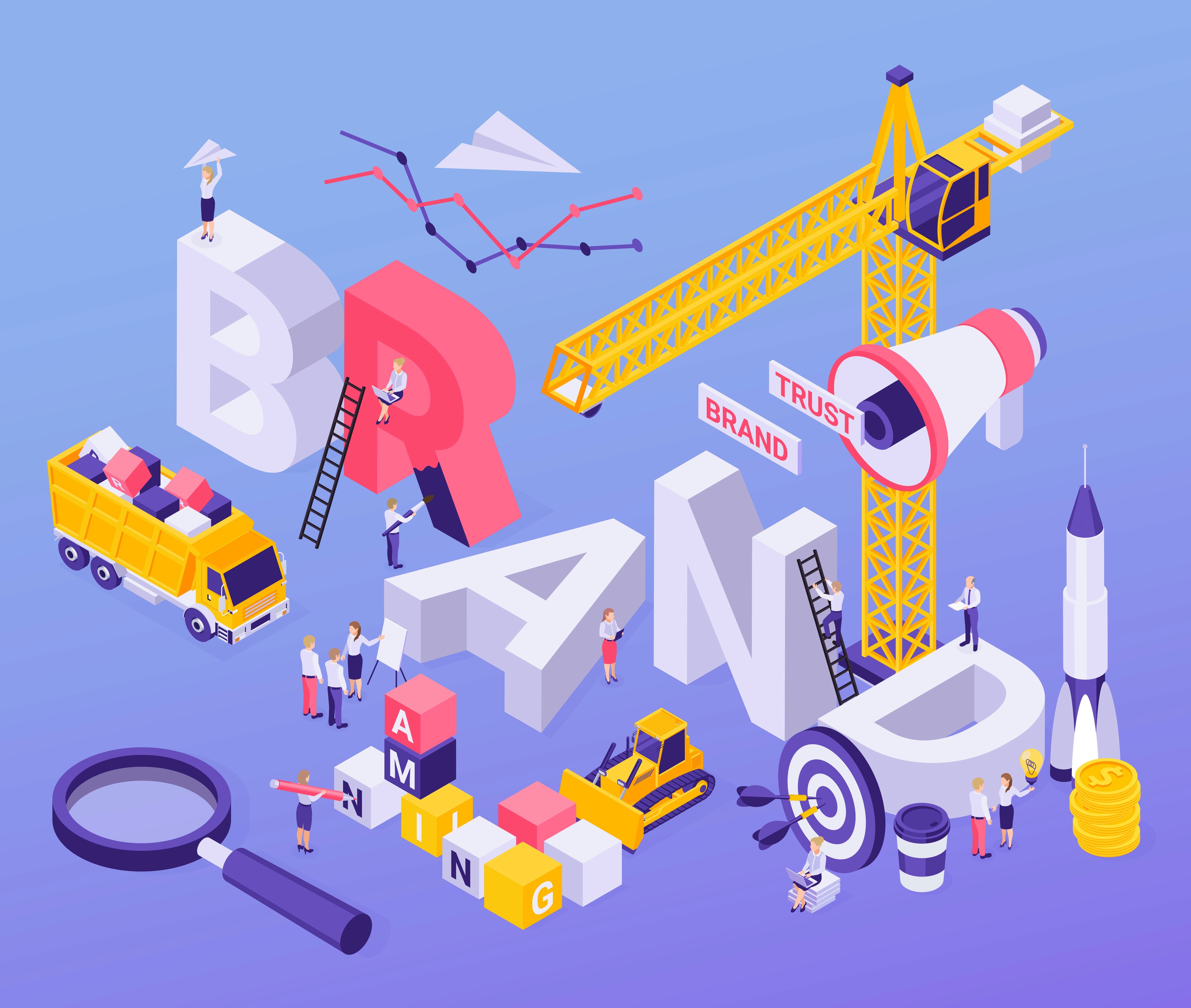 Isometric illustration of a brand construction scene with crane, target, and team representing branding strategy