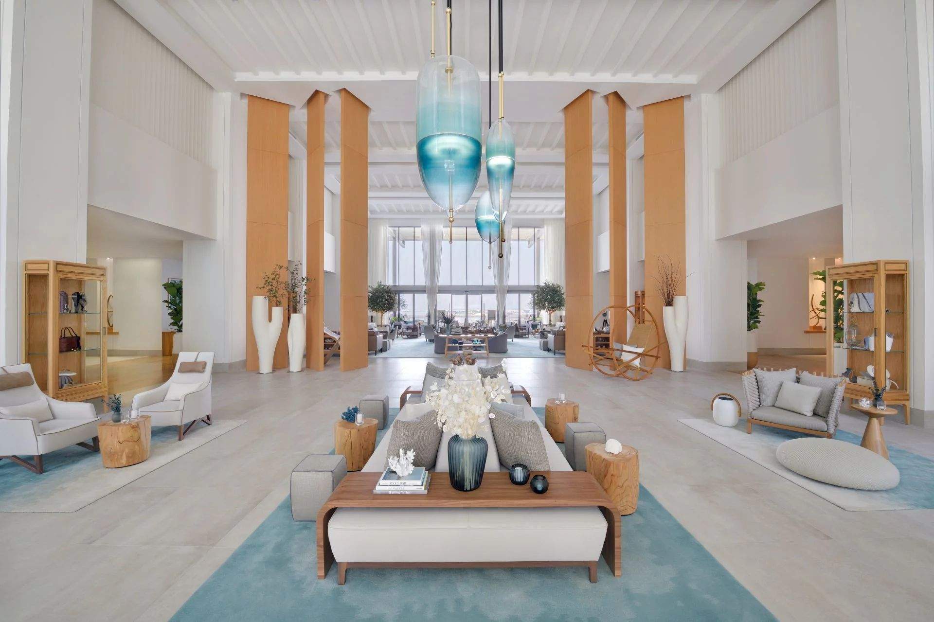 The lobby at Vida Creek Harbour, a pet-friendly hotel in Dubai with clean interiors and bright designs.