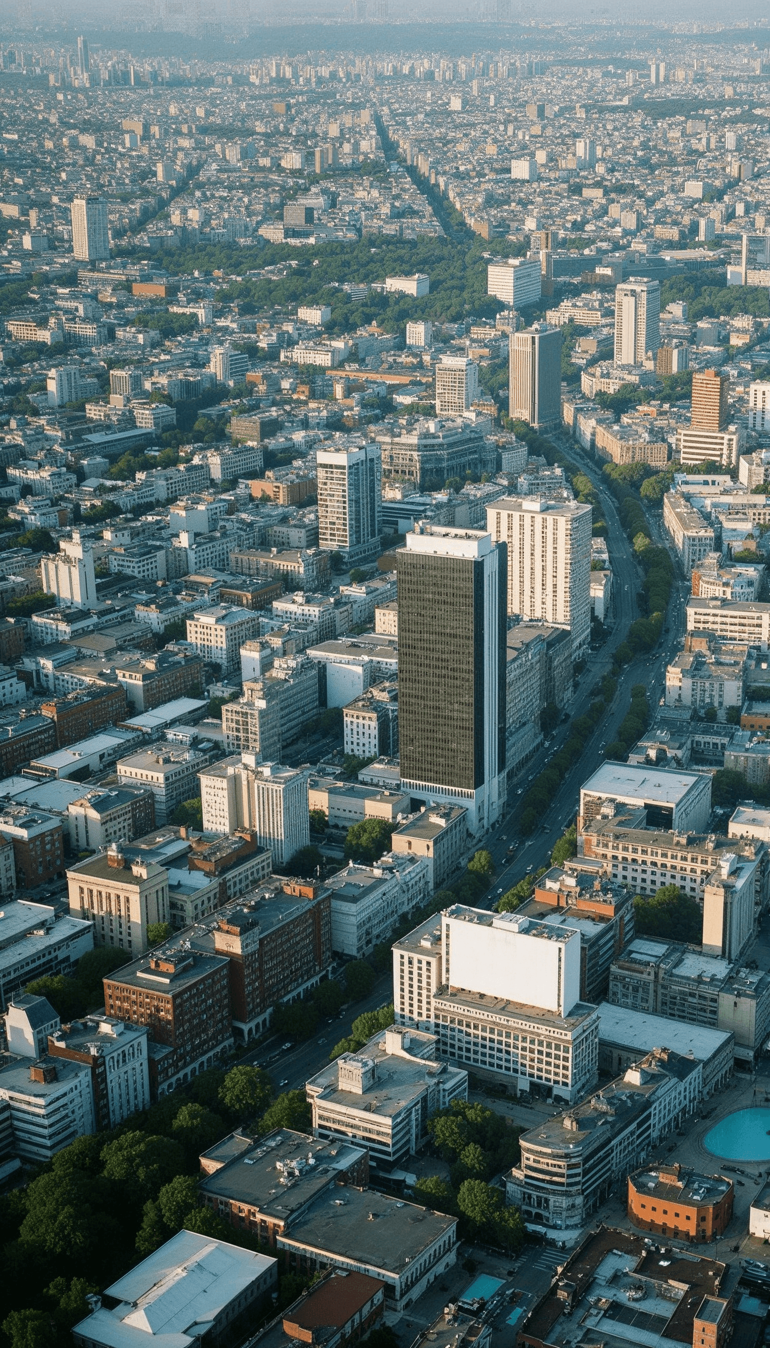 The aerial view captures a sprawling urban landscape of a cityscape with a prominent tall black skyscraper, surrounded by numerous buildings, lush green parks, and intersecting roads, under a clear sky.