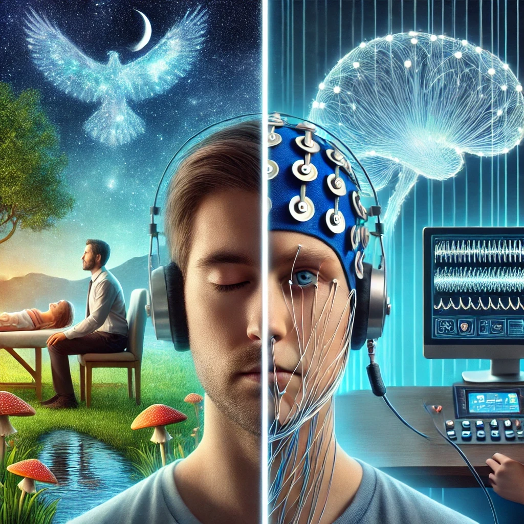 Here’s an image that visually represents the comparison between EMDR and Neurofeedback therapies, as described in your blog. The left side shows a peaceful EMDR session, while the right illustrates a Neurofeedback session using EEG technology.