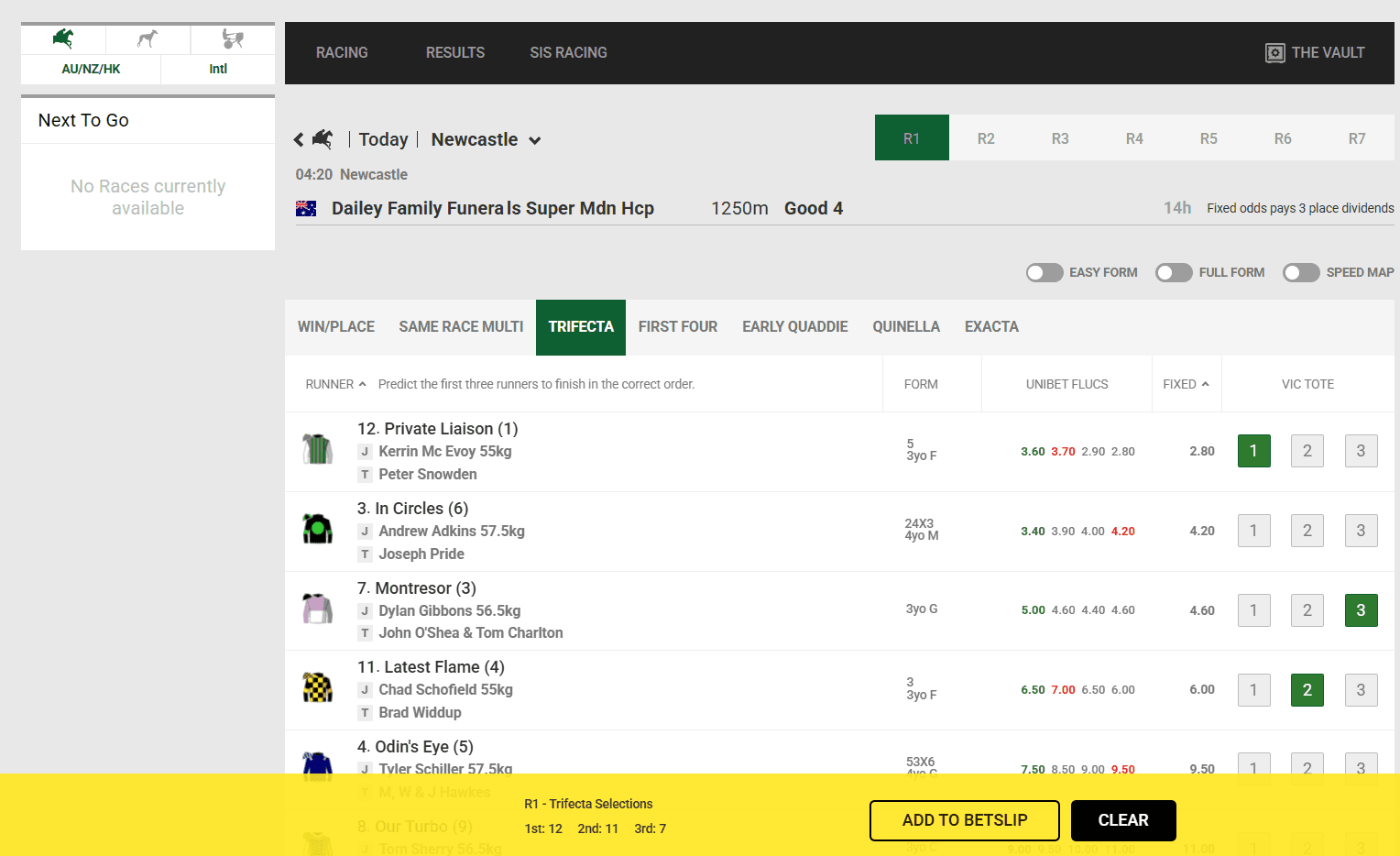 Select runners for trifecta