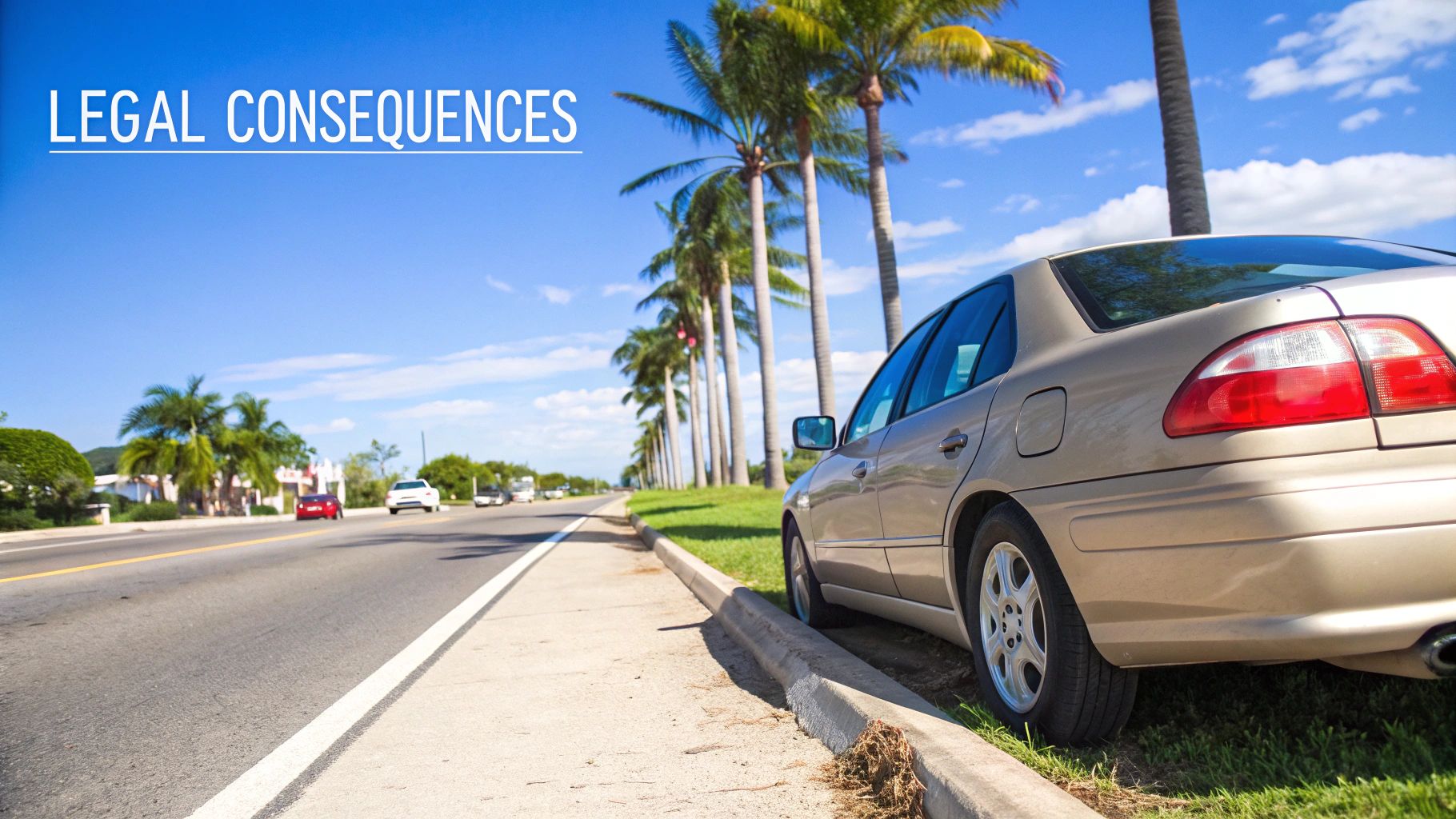 A gold car is parked on the side of a sunny road lined with palm trees, with text 'LEGAL CONSEQUENCES'.