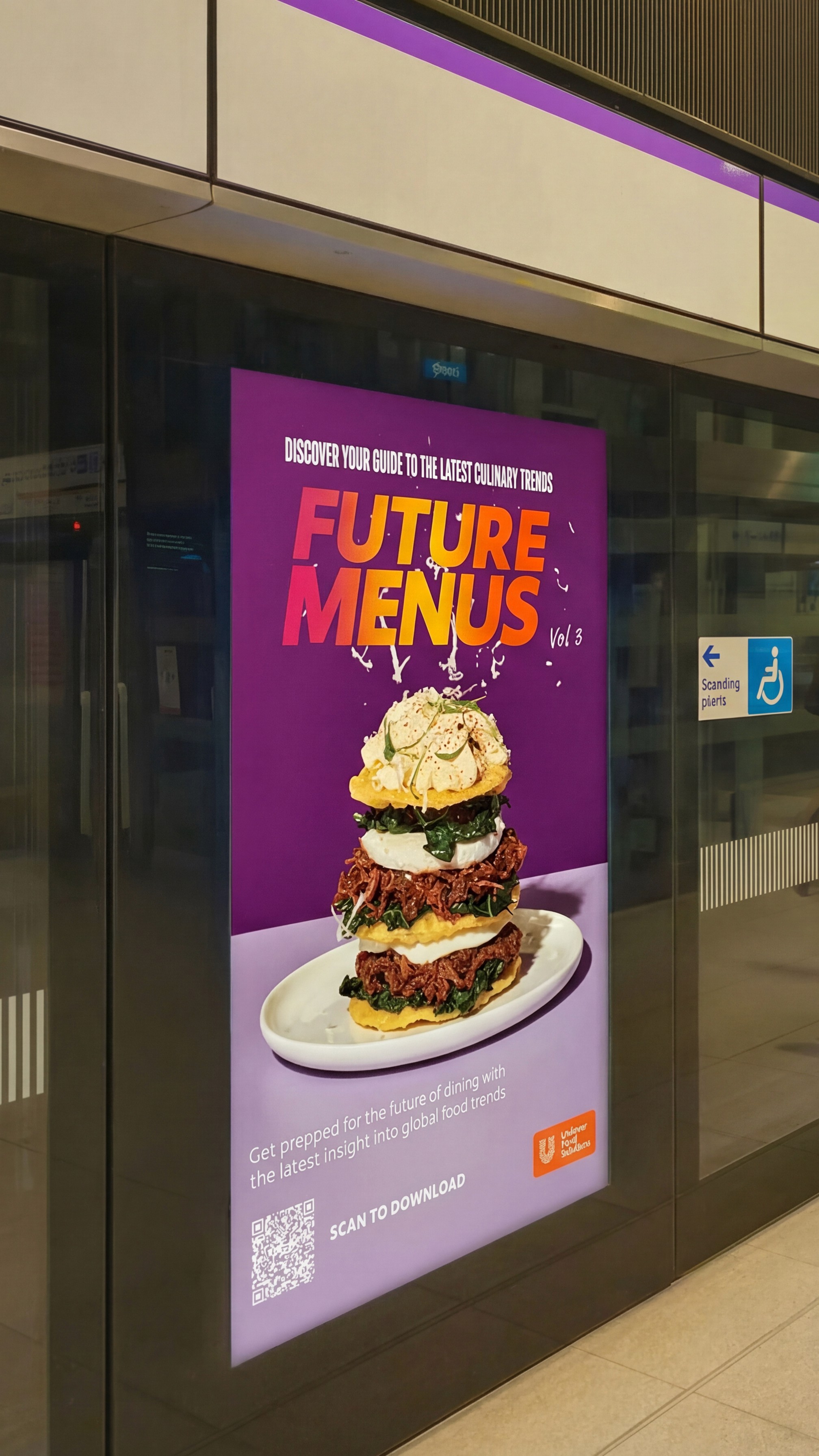 Digital out-of-home advertisement for Unilever Food Solutions’ “Future Menus Vol 3” trend report, featuring bold food photography, a QR code download CTA, and messaging targeted at chefs and foodservice operators in a transit station setting