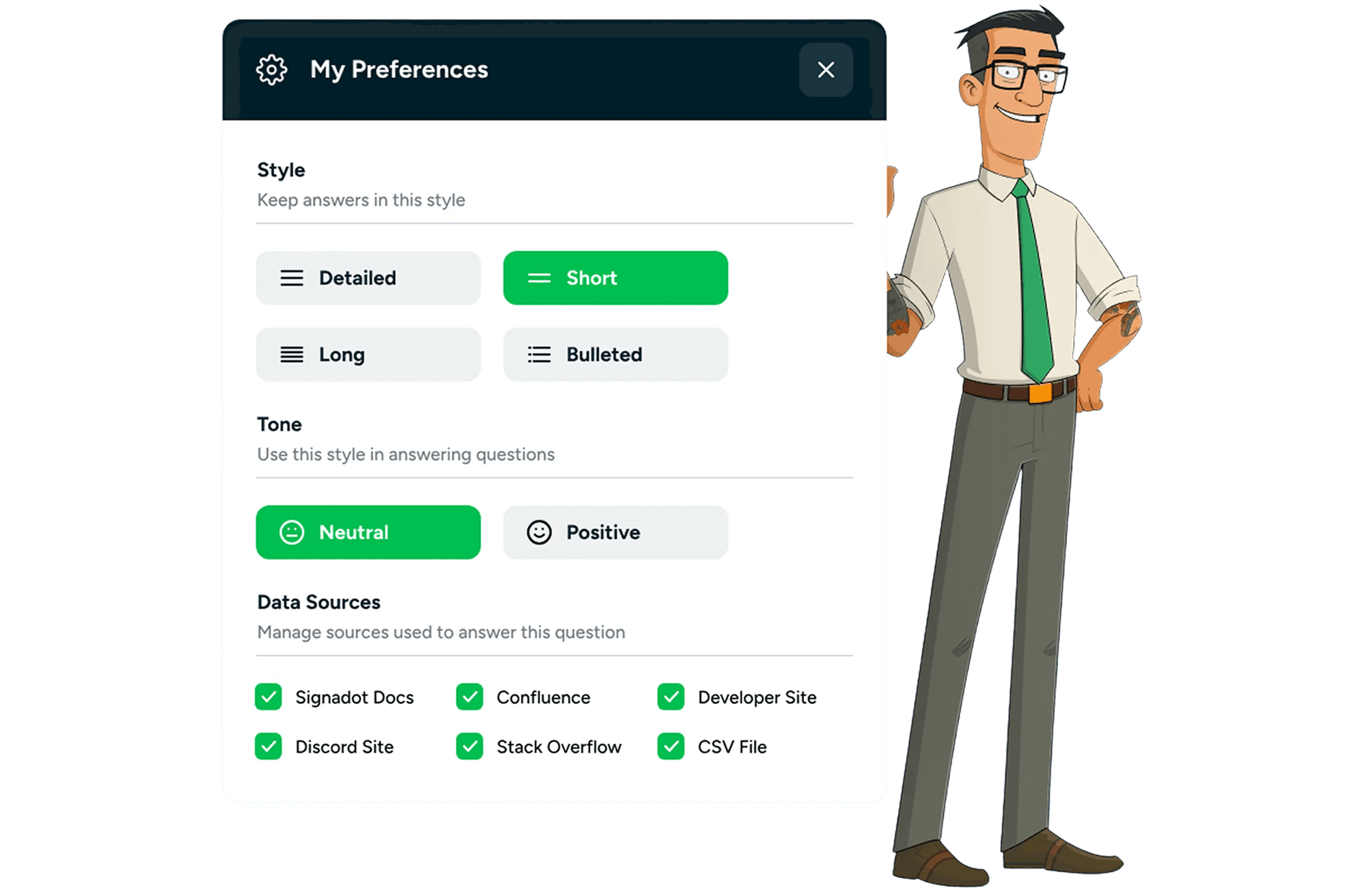 Control panel for defining the AI agent’s answering style, logic, and response parameters