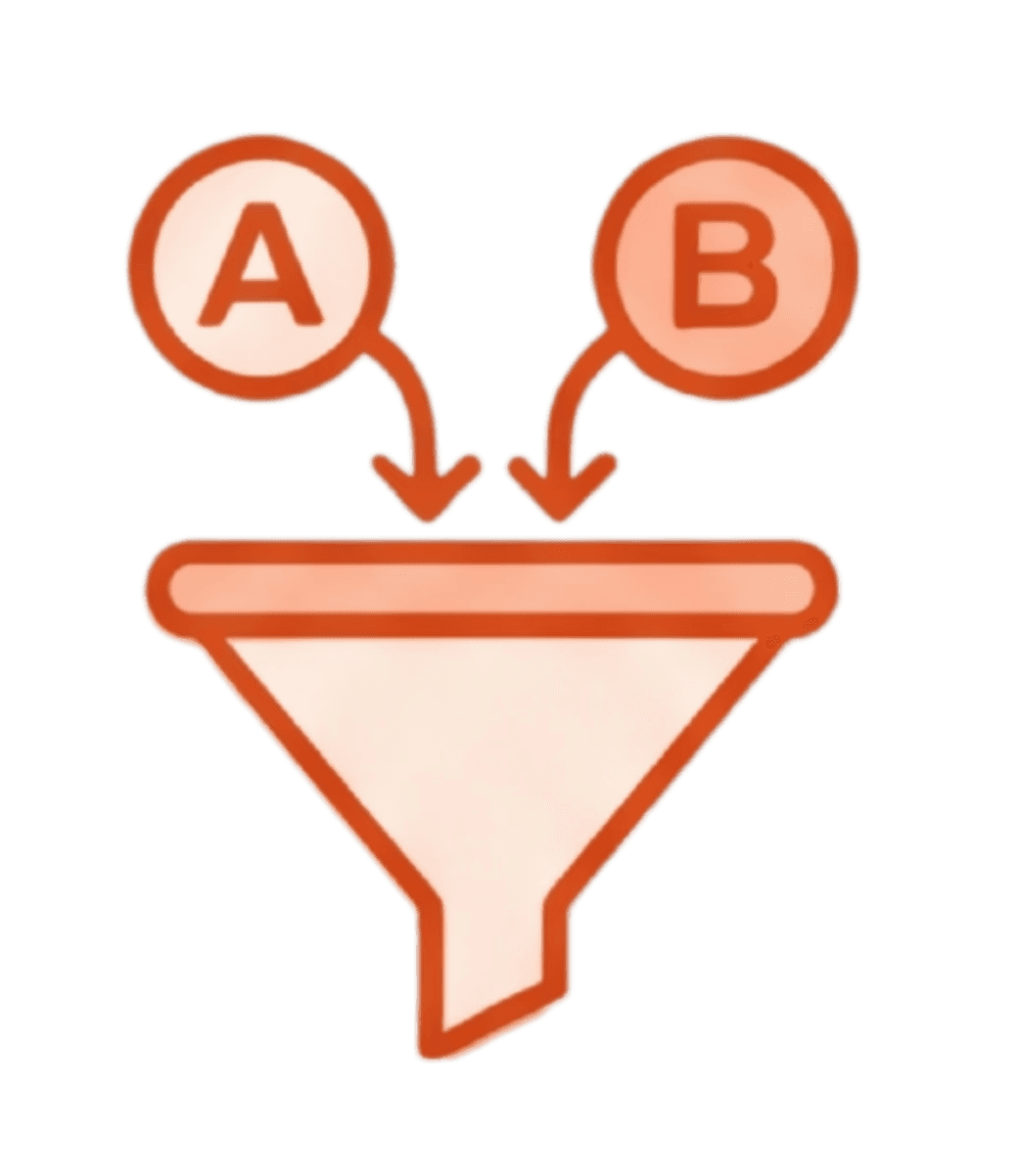 Orange icon showing circles labeled A and B with arrows pointing into a funnel.